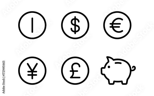 Currency symbols and piggy bank icon set for financial design and education