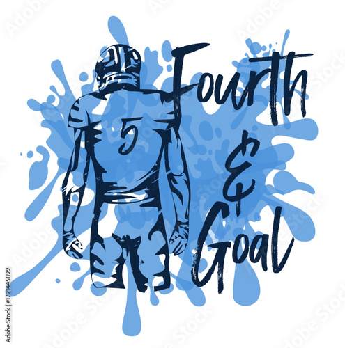 Football player sketch number 5 with Fourth and Goal text in sky blue and navy . Bold football design celebrating grit urgency pride and competitive spirit for fan gear and merchandise