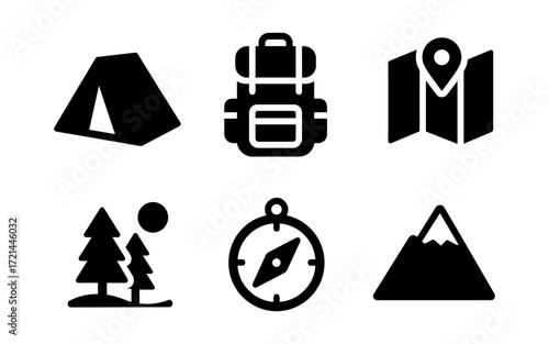 Outdoor adventure icons set: camping, hiking, and navigation symbols for graphic design