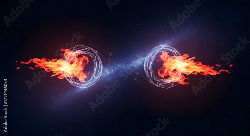 Luminous Calligraphy Equation Visualized as Fiery Swirling Orbs Connected by Glowing Stream