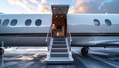 Private jet's open boarding stairs reveal luxurious interior details.