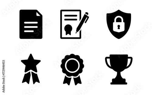 Awards and achievements collection featuring trophies, ribbons, and certificates for recognition design
