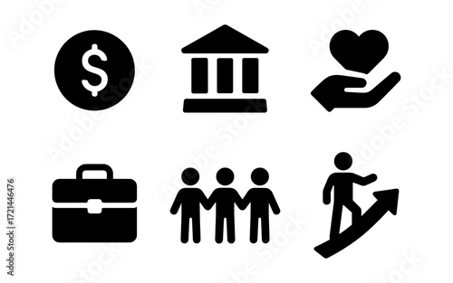 Business core values icons: finance, leadership, teamwork, growth, and integrity for design use