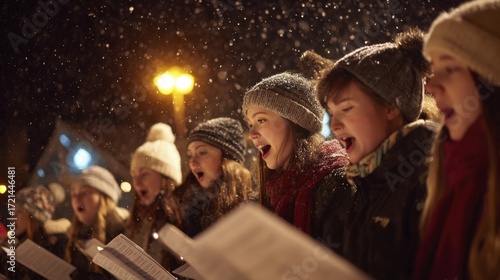 Young people singing carols outdoors in falling at night
