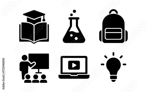 Educational icons set featuring book, backpack, and light bulb for learning and design projects