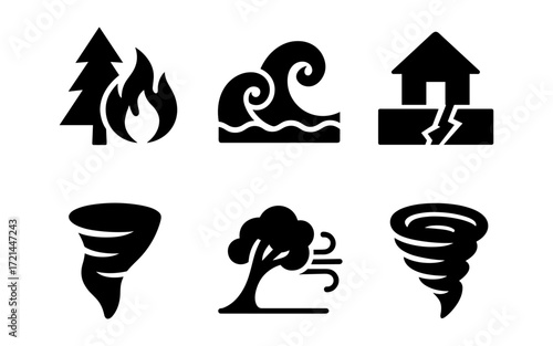 Natural disasters icon set featuring fire, flood, earthquake, tornado, and wind elements for emergency awareness design