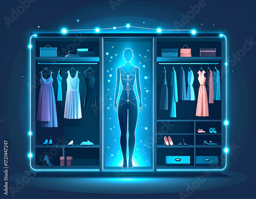 A digital wardrobe with glowing outlines of clothes and a human figure, suggesting virtual fitting or fashion technology.
