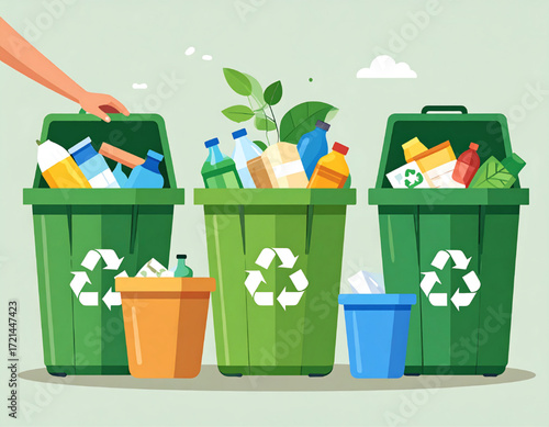Hand sorting waste into three green recycling bins with various recyclable materials and smaller containers.