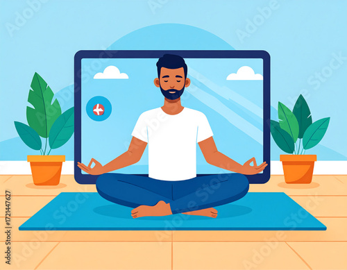 Man meditating in front of a screen, using online healthcare, with plants on either side.