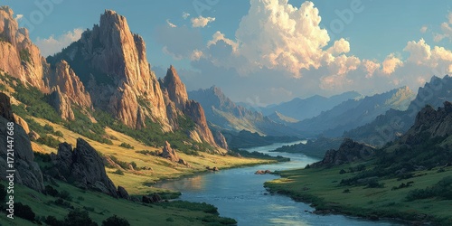 Majestic mountain landscape with a winding river under a dramatic sky at sunset