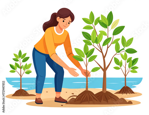 A woman planting young trees by the ocean shore, a scene of environmental care and restoration.