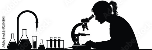 Silhouette of female scientist working in laboratory, using microscope, research experiment with glassware, chemistry biology science study, isolated vector illustration