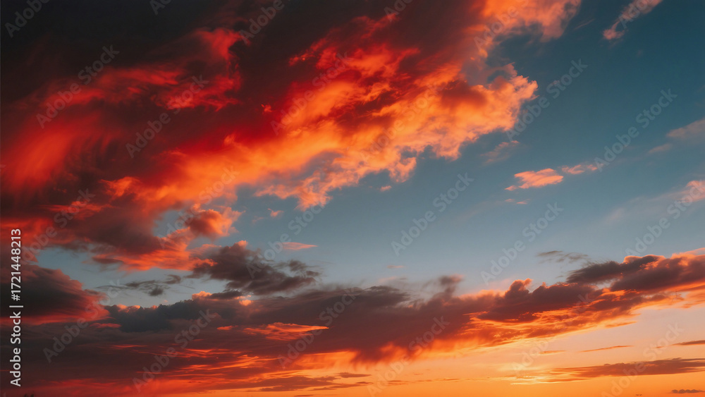 Fototapeta premium A vibrant sunset sky filled with orange and red clouds against a blue gradient background view