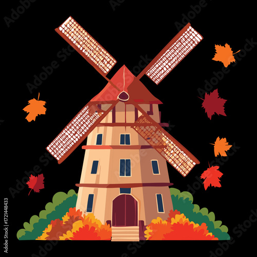 Grand four-story windmill with red sails and autumn leaves gently spiraling down against a dark background	