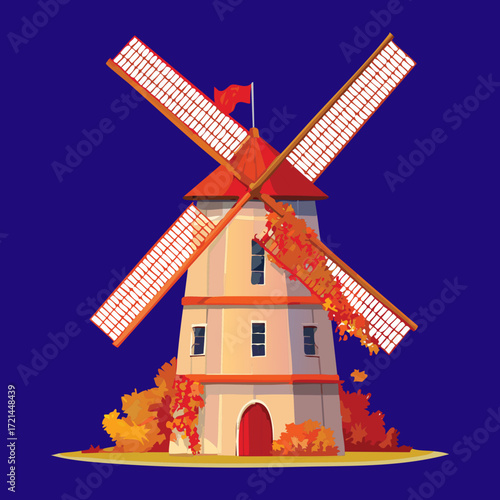 Detailed illustration of a tall windmill with bright red sails under a dramatic deep blue night sky background	