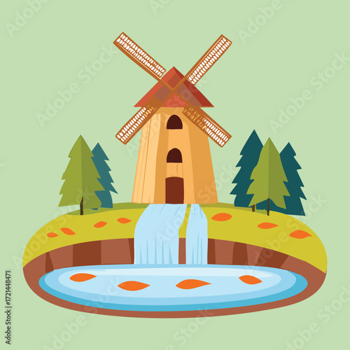 Idyllic autumn scene of a windmill situated on a river island with pine trees and a small stream cascading nearby	