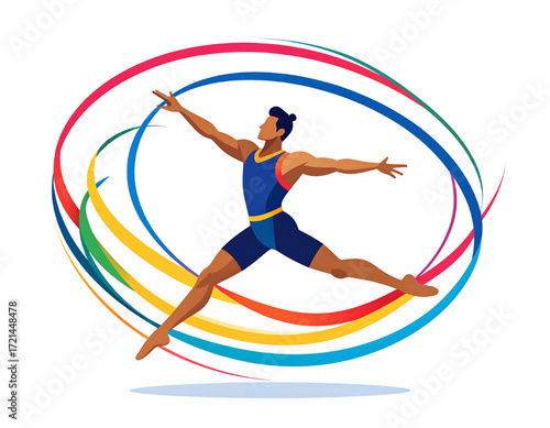 A male gymnast gracefully leaps, surrounded by vibrant, swirling ribbons, showcasing athleticism and dynamism.