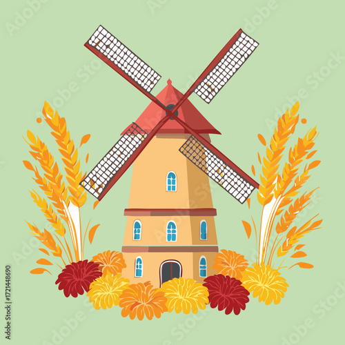 Rustic Windmill Standing Tall Amongst Golden Wheat Stalks Under a Clear Sunny Day Sky
