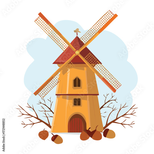 Bare Winter Trees Surround a Simple Windmill Building Against a Bright White Sky, Highlighting the Cold Season	