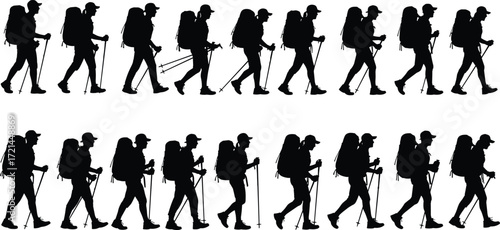 Silhouette of hikers walking with backpacks, trekking poles, outdoor adventure, camping journey, mountain hiking illustration, active lifestyle exploration, vector design