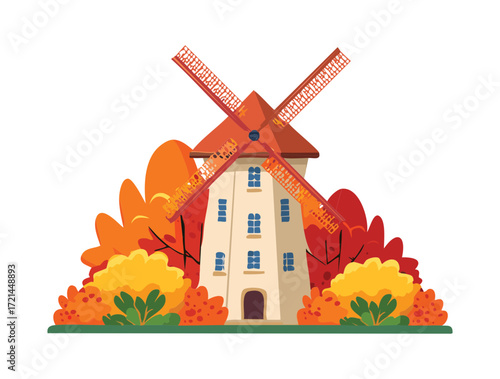 Vibrant Autumnal Scene Featuring a Windmill and Bushy Trees Covered in Rich Orange and Red Seasonal Leaves	