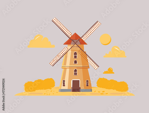 Warmly Toned Illustration of a Windmill with Orange Clouds and Sun, Highlighting a Golden Autumn Harvest	