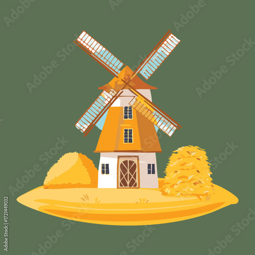 Simple Rural Landscape Featuring a White Windmill Building Near a Pile of Hay Bales on a Dusty, Flat Ground	