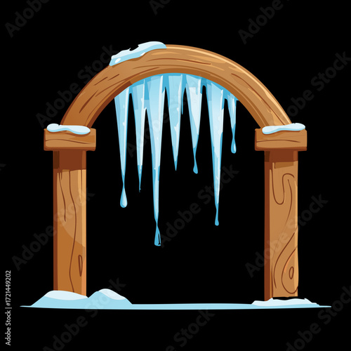 Dark wooden arch portal with sharp blue icicles hanging down against a dramatic, cold winter sky background	