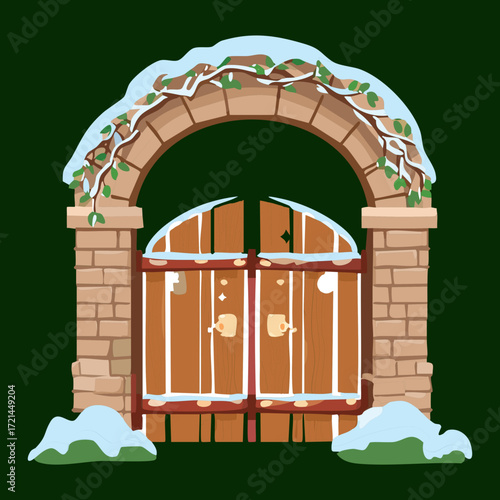 Arched wooden door in an old stone wall covered in light snow and framed by a brick archway illustration	
