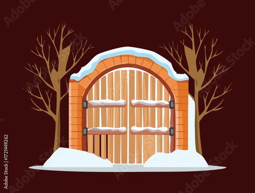 Rustic wooden gates in a snowy landscape, surrounded by dark, bare winter trees