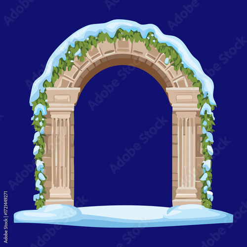 Elegant stone archway in a dark and mysterious snowy forest, a magical gateway