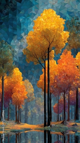 Vibrant autumn forest with colorful trees by a tranquil lake during twilight hours
