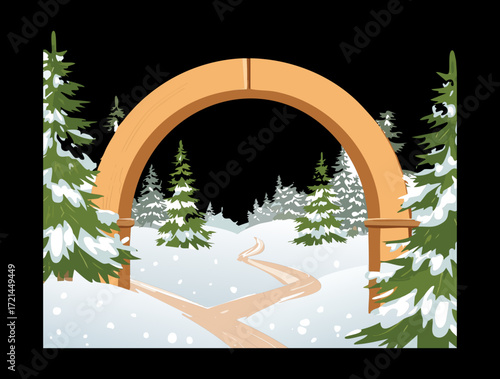 Archway entrance to a serene winter forest, path leading toward a magical snowy clearing