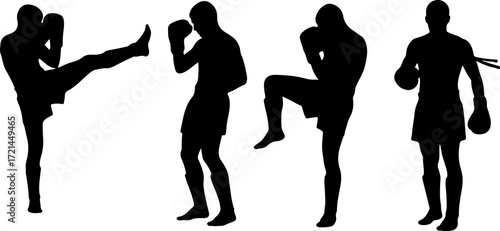 silhouette thai boxing postures in black shape muay thai monochrome color vector on white background