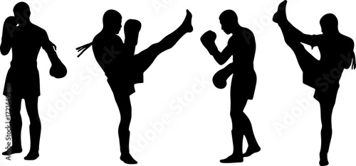 silhouette thai boxing postures in black shape muay thai poses monochrome color vector