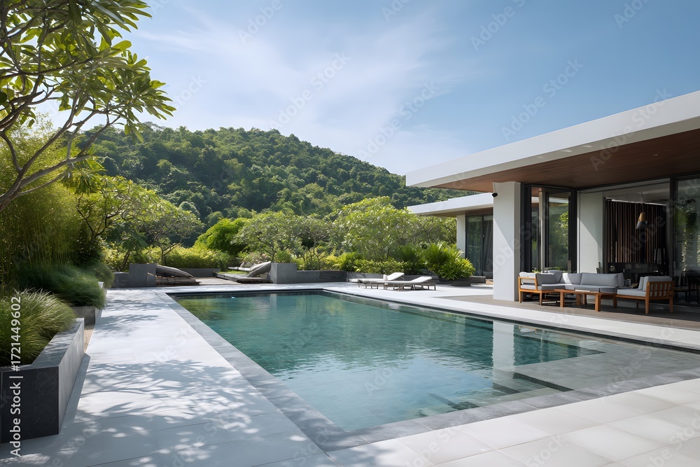 Fototapeta premium Wide shot of a luxurious modern villa with a sparkling swimming pool and lush green garden on a sunny day