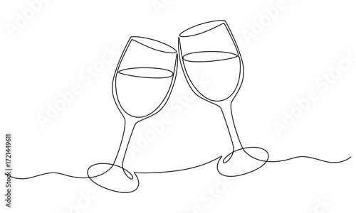 Continuous one line drawing of glasses of champagne or wine glass.Minimalist holiday concept of celebrate toast and cheering drink