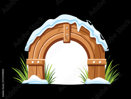 An old wooden arch with a layer of snow and icicles hanging down, a classic winter portal