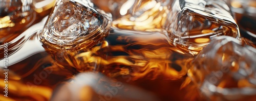 Pouring golden aged rum into a glass with ice cubes.