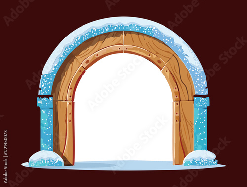 An elegant wooden archway with a snowy top, surrounded by ice and a simple garland, creating a serene and minimalist design for winter or the holiday season