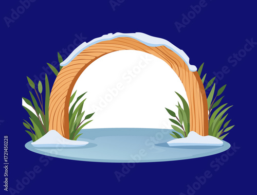 An elegant wooden archway with a snowy base, framing a peaceful winter landscape with snow and a frozen lake, creating a serene and beautiful holiday scene