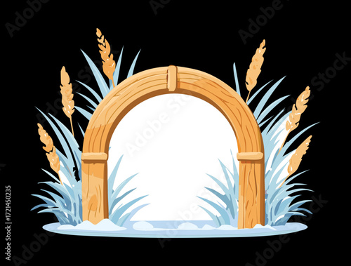 A graceful wooden archway with a snowy base, adorned with frosty grasses, creating a lovely and elegant entrance to a peaceful and serene winter wonderland scene