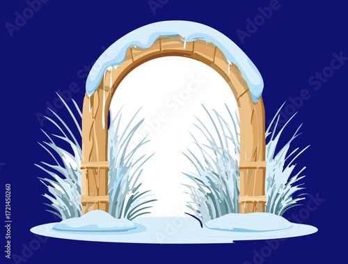 A dramatic illustration of a rustic wooden archway with a snowy base, surrounded by winter grasses, creating a stunning entrance to a peaceful, quiet snow-covered world
