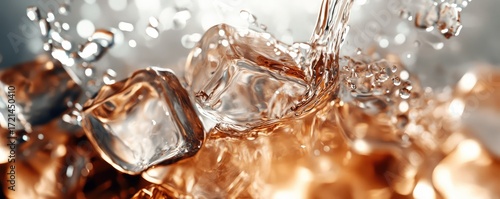 Pouring golden aged rum into a glass with ice cubes.
