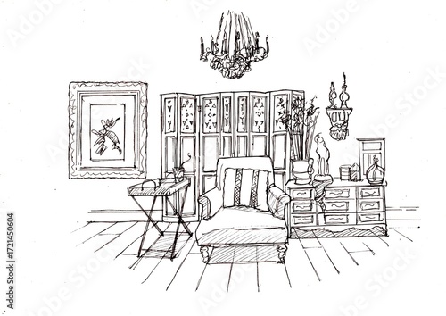Hand drawn black and white sketch of a French style country lounge.