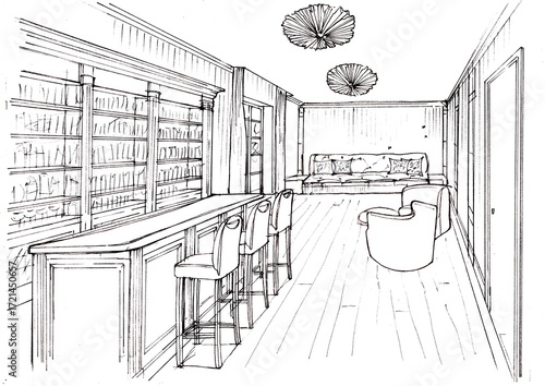 Hand drawn black and white sketch of a bar and restaurant area.
