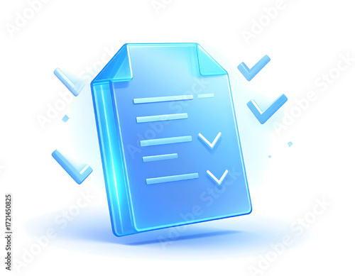 A stylized, glowing, translucent document with checkmarks representing completion and approval.