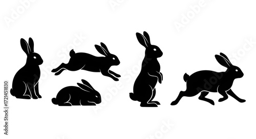 Silhouette of rabbits isolated on white background, various poses and actions