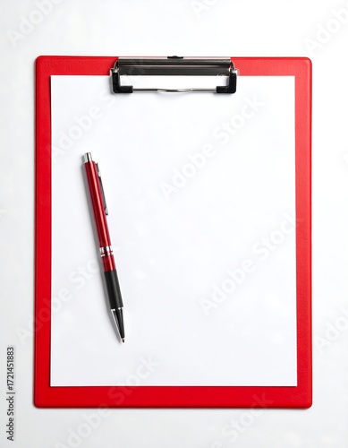 Red clipboard with blank paper and pen