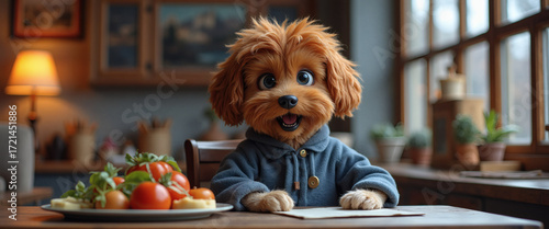 Adorable Whimsical Brown-Furred Dog Character in a Cozy Gray Fleece Jacket Sits Happily at a Rustic Wooden Table, Patiently Awaiting a Delightful Meal of Fresh Garden Vegetables